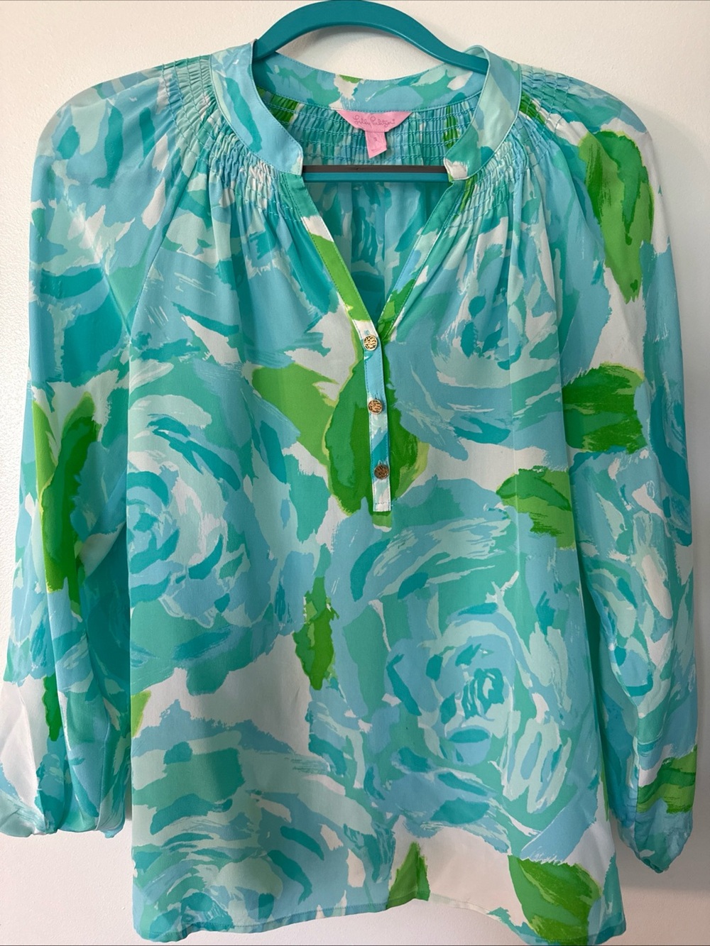 Lilly Pulitzer Turquoise and Green Floral Peasant Blouse